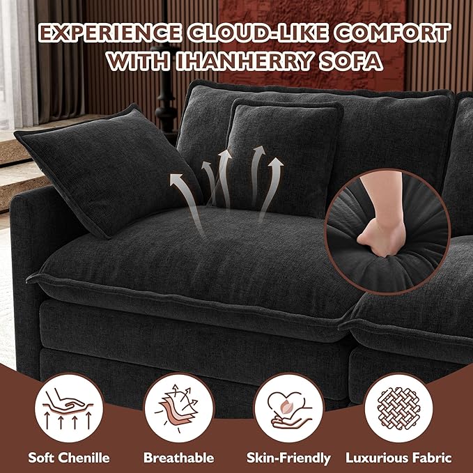 Ihanherry 114" V-Shaped Modern Sofa Modular Sectional Cloud Couch with 2 Ottoman, 7-Seat Chenille Deep Seat Sofa with Corner Section for Living Room, Bedroom and Apartment, Black