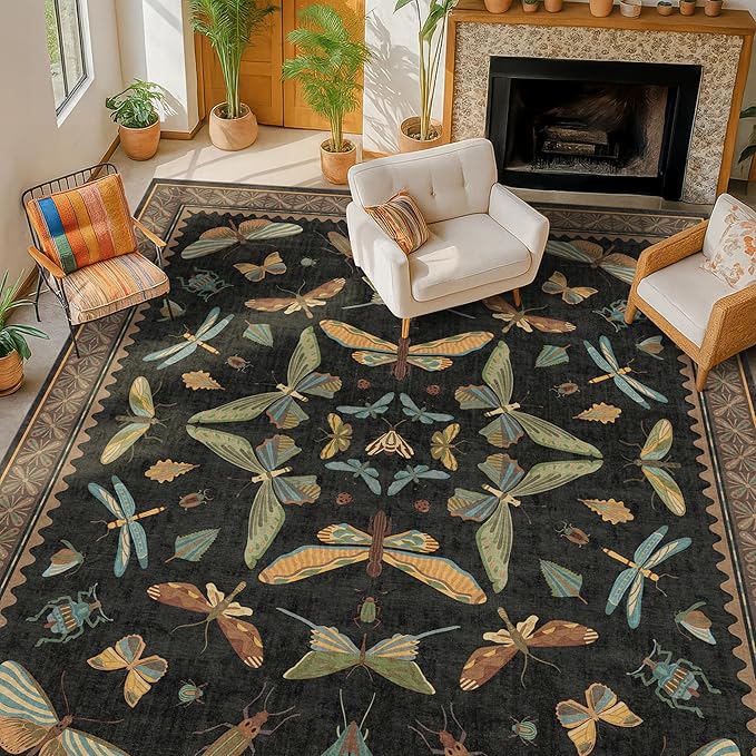 Black Washable Insect Area Rugs 8x10 for Living Room, Bedroom, Dining Room Under Table, Playroom, Large Dark Whimscal Boho Indoor Rug, Ultra Soft Low Pile Non Slip