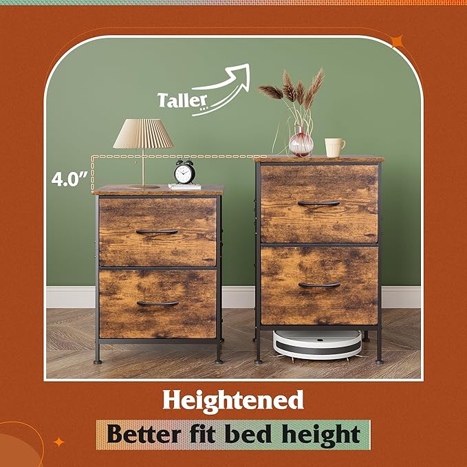 WLIVE Night Stand Set 2, Small Dresser with 2 Drawers & Wooden Top, Nightstand with Fabric Bins, Bedside Table End Table for Bedroom, Closet, Entryway, College Dorm, Rustic Brown