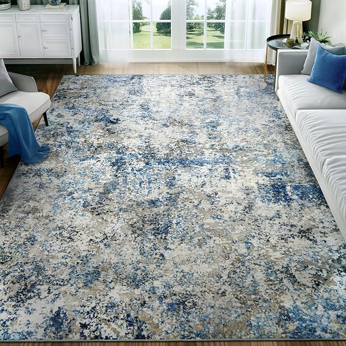 Washable Area Rug for Living Room: 5x7 Modern Abstract Neutral Soft Rug for Bedroom Dining Room No Slip Low Pile Carpet for Nursery Home Office - Grey/Blue