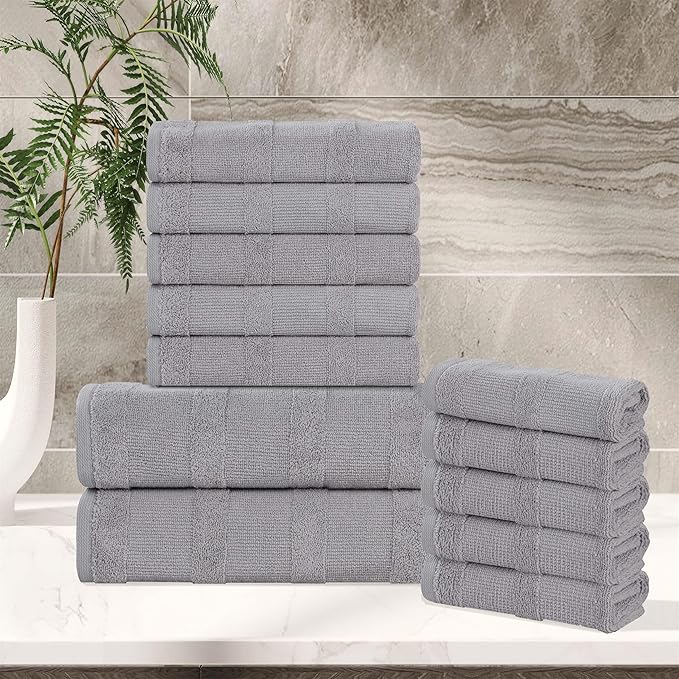 Superior Roma Cotton 12 Piece Assorted Towel Set, Highly Absorbent, Ribbed, Quick-Dry, Shower, Spa Basics, Home Essentials, Solid, Includes; 2 Bath Towels, 5 Hand Towels, 5 Face Towels, Silver