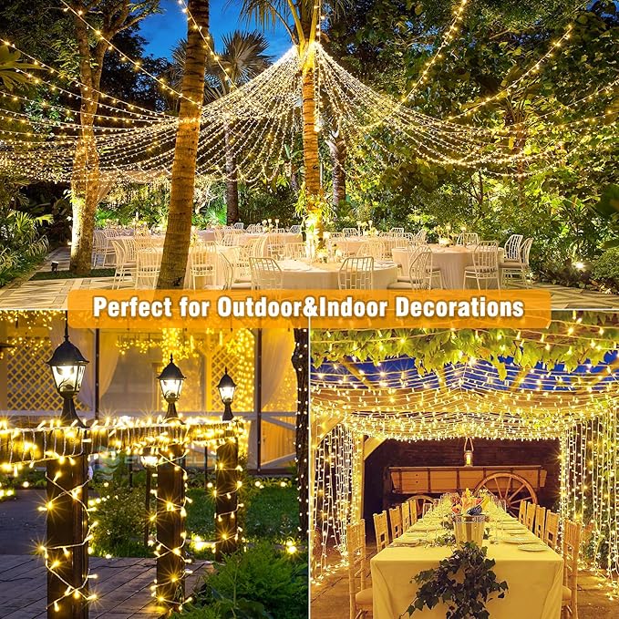 33ft 100 LED Christmas Lights Outdoor Waterproof, Warm White Christmas String Lights Indoor Clear Wire 8 Modes, Plug in Twinkle Fairy String Lights for Bedroom Wedding Classroom Garden Decorations