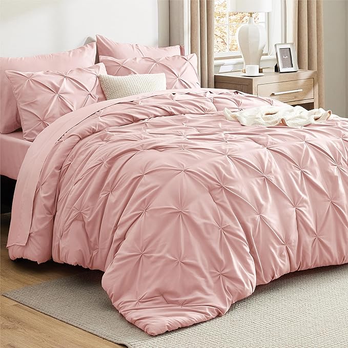 Bedsure Queen Comforter Set Pink - Bed in a Bag Queen Size Bedding 7 Pieces, GentleSoft™ Pintuck Bed Set Gift for Family, Pinch Pleat All Season Comforter with Sheets, Pillowcases & Shams