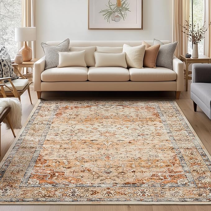 Boho Area Rugs 6x9 Machine Washable Living Room Rug Non Slip with Rubber Backing Soft Faux Fur Low Pile Stain Resistant Vintage Floral Carpet Rugs for Bedroom Dining Room Kids Room Office,Orange
