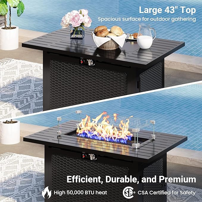 8 Pieces Outdoor Patio Furniture Set with 43" Fire Pit Table, Wicker Outdoor Patio Sectional Sofas with Cushions and Coffee Table, All-Weather Patio Conversation Set for Garden Backyard, Navy Blue