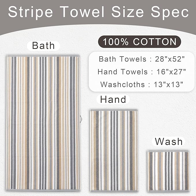 VOOVA & MOVAS Cotton Washcloths Set of 6, 6PC Striped Wash Cloths - 100% Cotton & Quick Dry - Lightweight Washcloth 13"x13", Soft Wash Cloths Set for Guest, Luxury Towel Gift, Gray + Beige