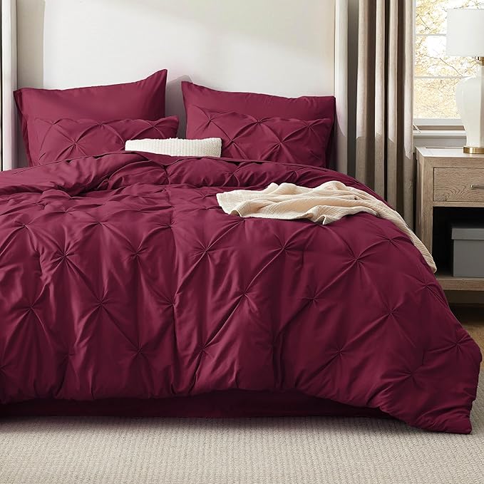 Bedsure Queen Comforter Set Burgundy - Bed in a Bag Queen Size Bedding 7 Pieces, GentleSoft™ Pintuck Bed Set Gift for Family, Pinch Pleat All Season Comforter with Sheets, Pillowcases & Shams