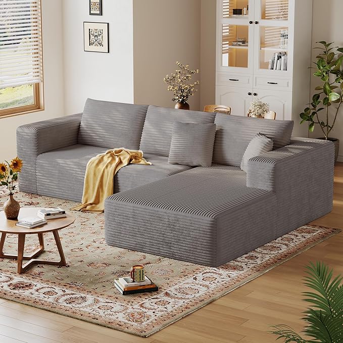 108'' Modular Sectional L-Shaped with Chair,Deep Seat Boneless Corner Couch for Living Room,Plush Corduroy Couch with Detachable Sofa Set,No Assembly(Right Facing Chaise,Camel)