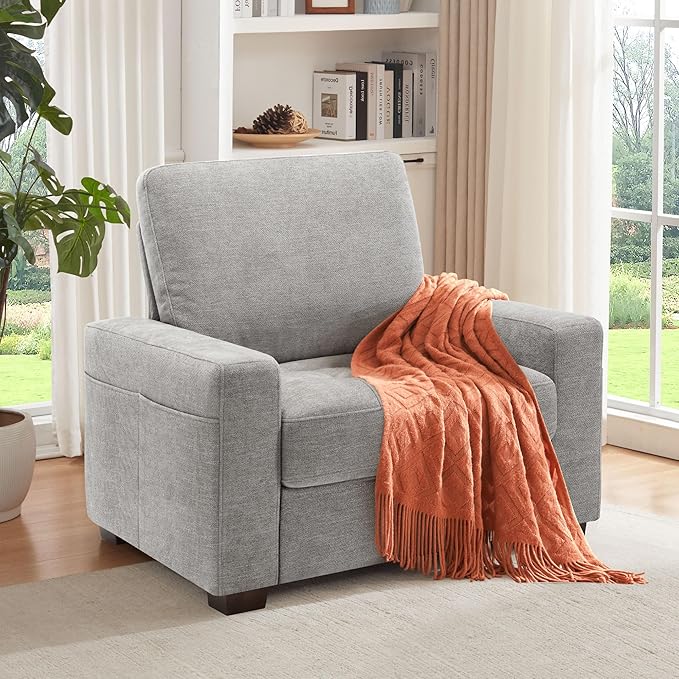 Ihanherry 39 Inch Sofa Single with Side Pocket, Comfy Modern 1-Seat Sofa for Living Room & Bedroom, Removable Medium Firm Sofa Cushion, Breathable Chenille Fabric, Grey