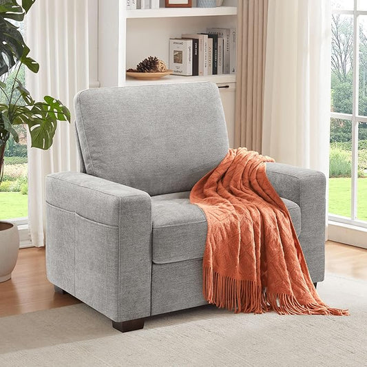 Ihanherry 39 Inch Sofa Single with Side Pocket, Comfy Modern 1-Seat Sofa for Living Room & Bedroom, Removable Medium Firm Sofa Cushion, Breathable Chenille Fabric, Grey
