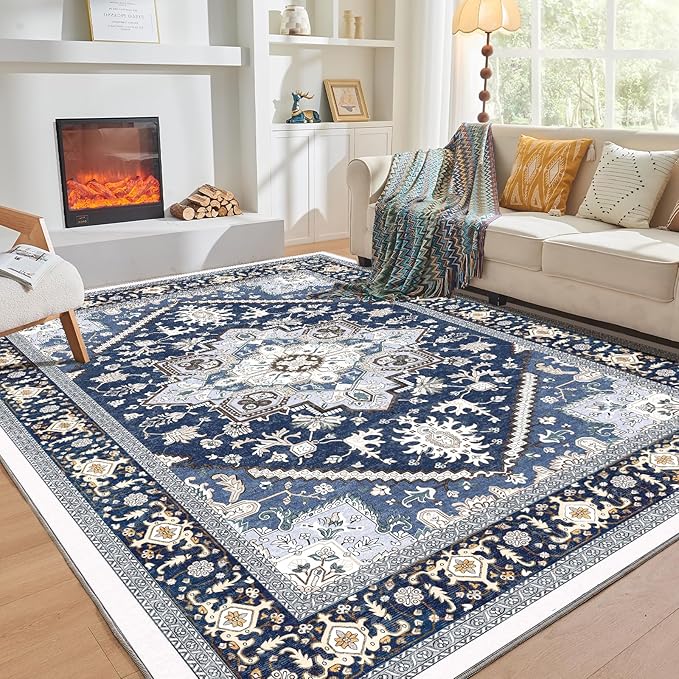 OPPODREAM Thin 6x9 Area Rugs, Washable Rug 6x9 with Non Slip Backing, Faux Cashmere Low-Pile 6 x 9 Carpet, Navy Blue & Gold