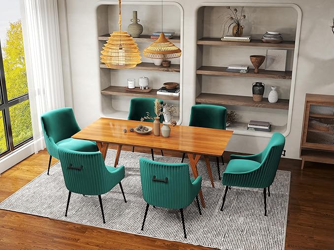 Velvet Dining Chairs Set of 6,Dark Green Upholstered Living Room Chairs with Black Metal Legs, Modern Tufted Accent Chairs for Living Room, Study Room, Kitchen