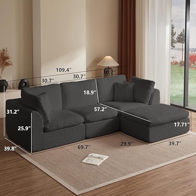 Cilee 110" Modular Sectional Sofa, Cloud Couch with Deep Seat, L-Shape Boneless Sofa, 3 Seat Memory Foam Sofa, No Assembly Required, Upholstered Couch for Living Room, Movable Ottoman, Chenille, Gray