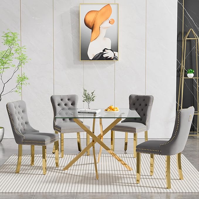 Goujxcy 5 Piece Glass Dining Table Set Modern Small Glass Dining Table Set for 4, 35.43" Square Kitchen Table and 4 Velvet Upholstered Chairs for Kitchen Dining Room, Gold & Grey