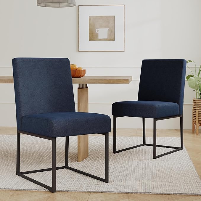 VKNOW Upholstered Dining Chairs Set of 6, Modern Dining Room Chairs, Linen Kitchen Chair Dinner Chair with Black Metal Base for Kitchen Office, Blue-Unstriped