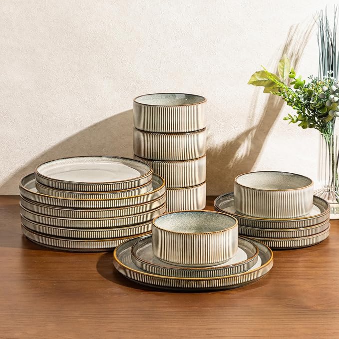 GBHOME Stoneware Dinnerware Sets for 6,Round Reactive Glaze Ceramic Plates and Bowls Set,Highly Chip and Crack Resistant | Dishwasher & Microwave Safe Dishes Set,Service for 6(18Pcs)