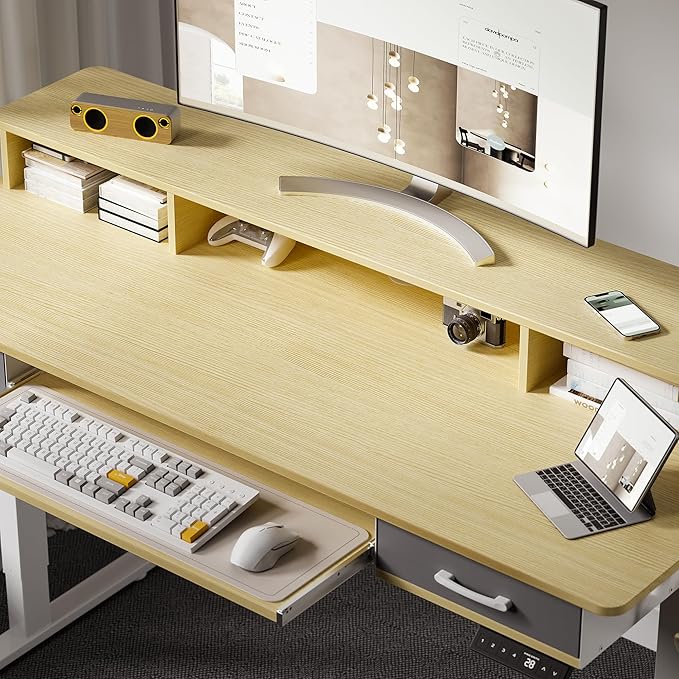 63 Inches Electric Standing Desk with Keyboard Tray, Height Adjustable Sit to Stand Table with 2 Drawers, Ergonomic Home Office Desk with Storage Shelf, Computer Table, Oak