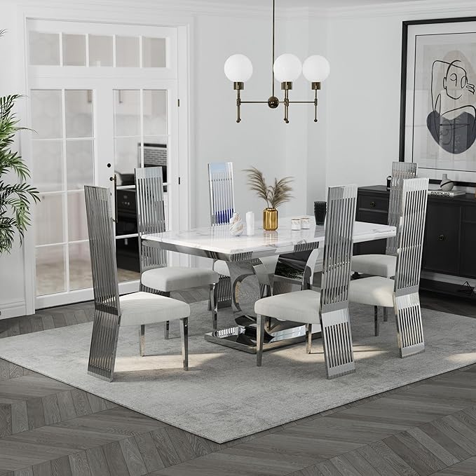 Upholstered Dining Chairs Set of 10, White and Silver Dining Room Chairs, Modern Luxury Chairs with High Back and Mirrored Silver Metal Legs for Kitchen Living Room Restaurant