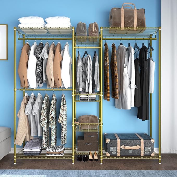 XIOFIO 6 Tiers Heavy Duty Garment Rack,Clothing Storage Organizer, Metal Clothing Rack,Clothing Rack with Hanging Rod,Adjustable Shelf and Fixed Baskets,60.7"L x 15.7"W x 70.5"H Max Load 720LBS,Gold