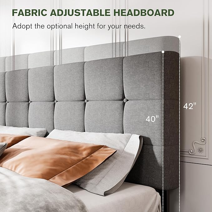 MUTICOR King Size Bed Frame with 4 Storage Drawers, Upholstered Platform Bed with Button Tufted Adjustable Headboard, No Box Spring Needed, Easy Assembly, Square Tufted, Light Grey Fabric