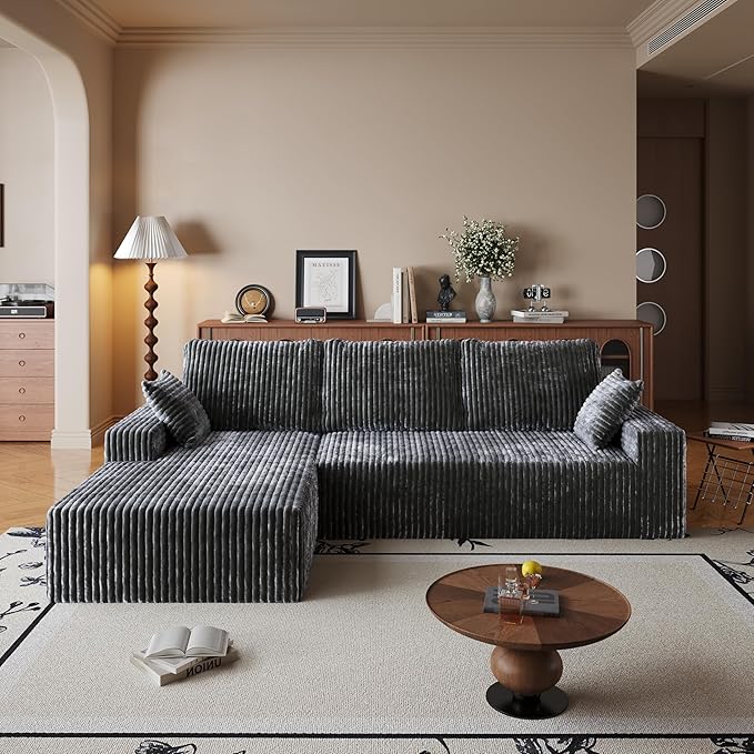 108" Sectional Couches for Living Room, Modular Sectional Sofa with L-Shape Chaise, Boneless Couch, Comfy Corduroy Fluffy Couch with Deep Seat and Side Pockets, No Assembly Required