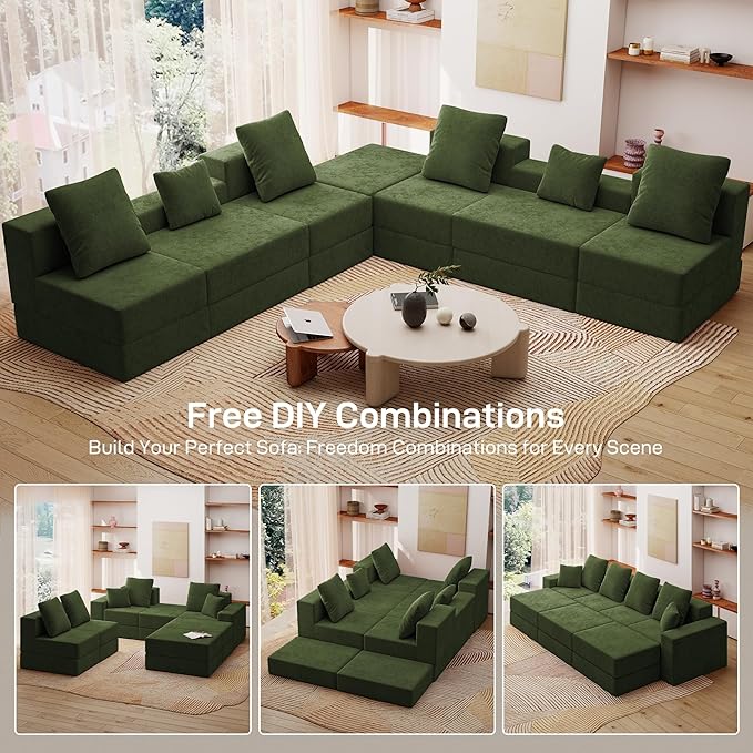 Living&Giving 128" U-Shaped Cloud Sectional Couch for Living Room, Cloud Boneless Couch-No Assembly with Reversible Chaise, Customizable 4-Seat Modular Sectional Sofa with 3 Ottoman, Green