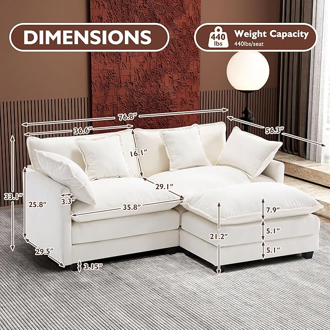 Ihanherry 77" L Shaped Modern Sofa Modular Sectional Cloud Couch with Ottoman, 3-Seat Chenille Deep Seat Sofa with Pillow for Living Room, Bedroom and Apartment, Beige