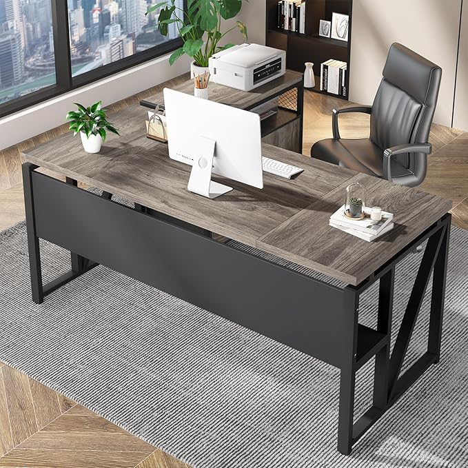 Tribesigns 63" Executive Desk with Reversible File Cabinet, Large L-Shaped Office Desk with Drawers, Business Furniture Workstation for Home Office (Dark Oak, 63-inch)