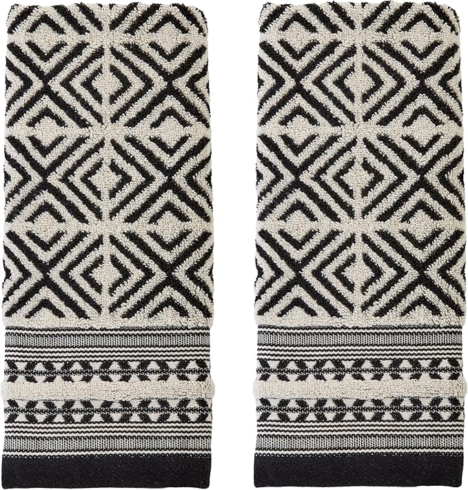 SKL Home Diamond Grid 100% Cotton Premium 2-Piece Hand Towel Set, 600 GSM, Reversible Jacquard, Soft & Absorbent, Decorative for Bath/Kitchen/Bar & Gift, Black