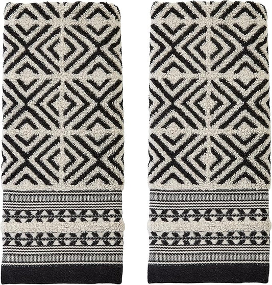 SKL Home Diamond Grid 100% Cotton Premium 2-Piece Hand Towel Set, 600 GSM, Reversible Jacquard, Soft & Absorbent, Decorative for Bath/Kitchen/Bar & Gift, Black