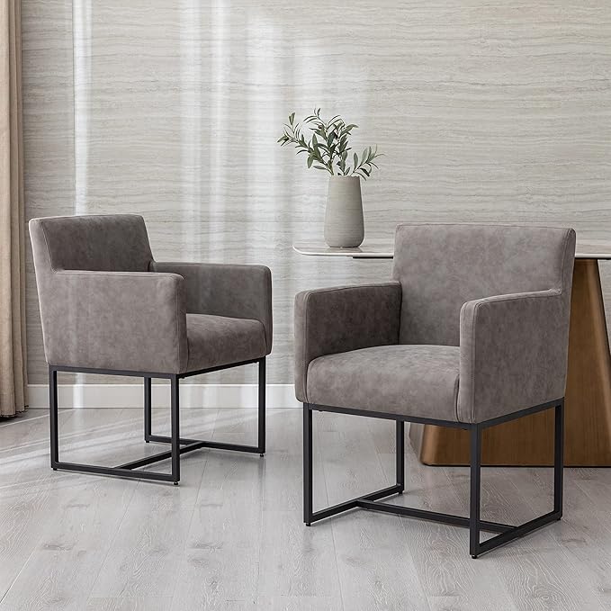 Set of 6 Upholstered Dining Chairs with Armrest, PU Leather Modern Accent Armchairs, Kitchen & Dining Room Chairs Side Chairs, Grey