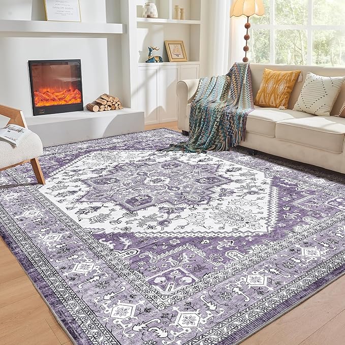 OPPODREAM Thin Area Rugs 4x6, Low-Pile Washable Rugs 4x6 with Non Slip Backing, Faux Cashmere 4 x 6 Throw Carpet, Purple