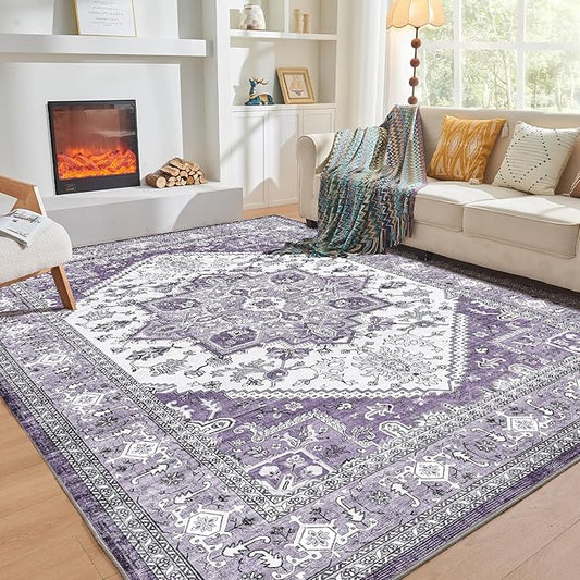 OPPODREAM Thin Area Rugs 4x6, Low-Pile Washable Rugs 4x6 with Non Slip Backing, Faux Cashmere 4 x 6 Throw Carpet, Purple