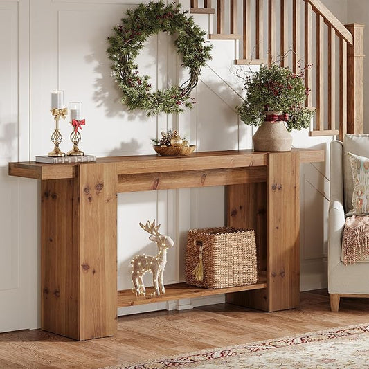 2-Tier Solid Wood Console Table, Farmhouse Entryway Table with Storage Shelves, 63-Inch Long Sofa Console for Living Room, Hallway, or Foyer(Brown)