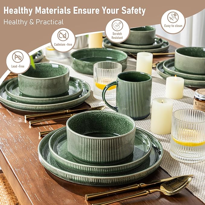 GBHOME Stoneware Dinnerware Sets for 8,Round Reactive Glaze Ceramic Plates and Bowls Set,Highly Scratch Resistant | Dishwasher & Microwave Safe Dishes Set,Service for 8(24Pcs),Dark Green