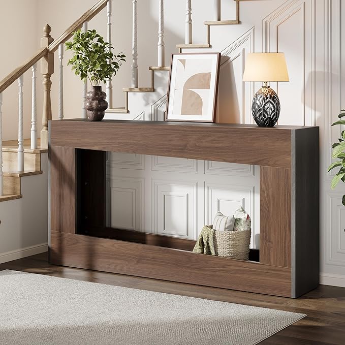 63-Inch Wood Console Table, Long Entryway Table with Storage Shelf, Farmhouse Narrow Sofa Table Behind The Couch for Living Room, Entryway, Hallway (Brown & Black)