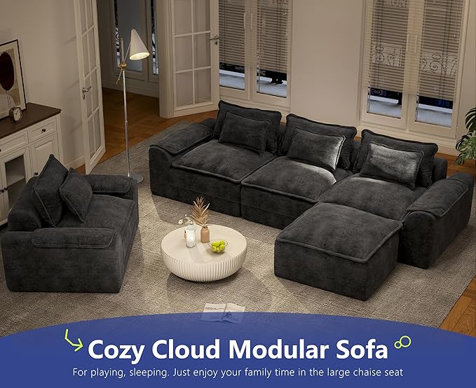 Hobestluk 120" Cloud Modular Sectional Couch 3-Seater Sofa with Ottoman L Shaped Sofa with Removable Cover Large Sofa Couch for Living Room (Blue Grey, 3-Seater Sofa with One Ottoman)