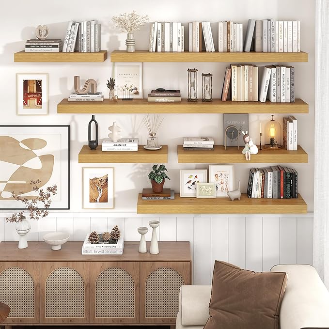 Floating Shelves for Wall, 72 Inch Wide x 12 Inch Deep Floating Shelves, Long Wood Floating Wall Shelf Shelves for Living Room Bathroom Bedroom Kitchen Home - (Oak, 72" W x 12" D x 2" H)