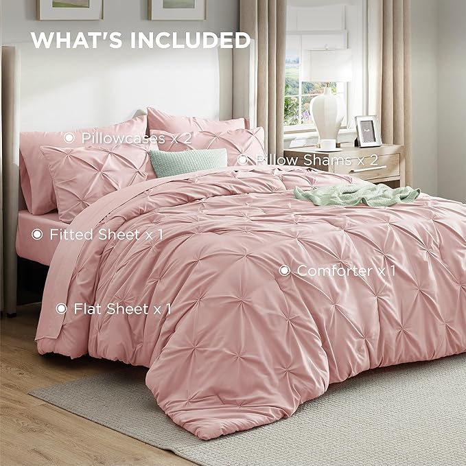 Bedsure Queen Comforter Set Pink - Bed in a Bag Queen Size Bedding 7 Pieces, GentleSoft™ Pintuck Bed Set Gift for Family, Pinch Pleat All Season Comforter with Sheets, Pillowcases & Shams