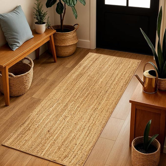 Jute Rug 2x6 Natural Runner Rug with Non-Slip Backing, Low-Profile Farmhouse Hallway Runner, Indoor Door Mat or Kitchen Mat – Eco-Friendly 2x6 Runner for High-Traffic Areas