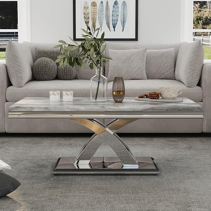 AUZ 3 Pieces Silver Living Room Table Set Modern Coffee Table Set with X-Shape Design Polished Stainless Steel Frame