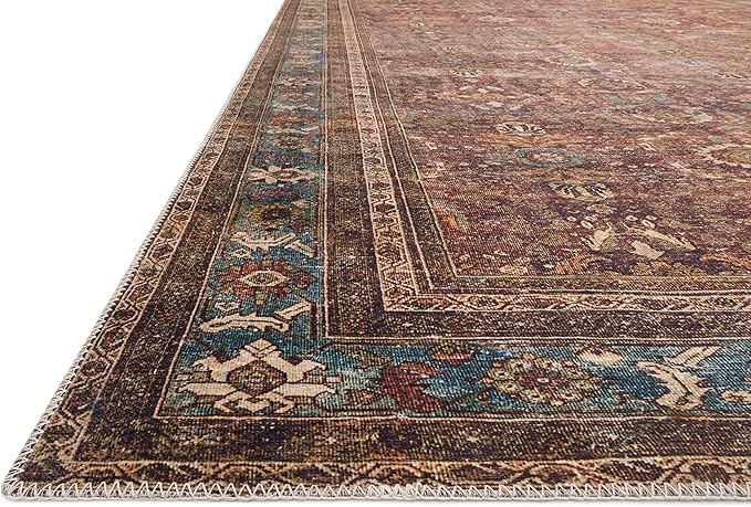 Loloi Layla Collection LAY-01 Brick/Blue 7'-6" x 9'-6" .13" Thick Area Rug, Soft, Durable, Vintage Inspired, Distressed, Low Pile, Non-Shedding, Easy Clean, Printed, Living Room Rug