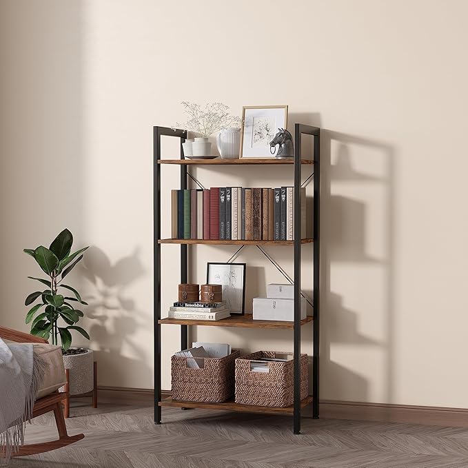 4-Tier Bookshelf, 47.2'' H Ladder Shelf, Industrial Bookcase, Wooden and Metal Storage Rack, Shelving Unit for Living Room Entryway Office, Rustic Brown Book Shelves, 24 * 11.8 * 47.2 inches