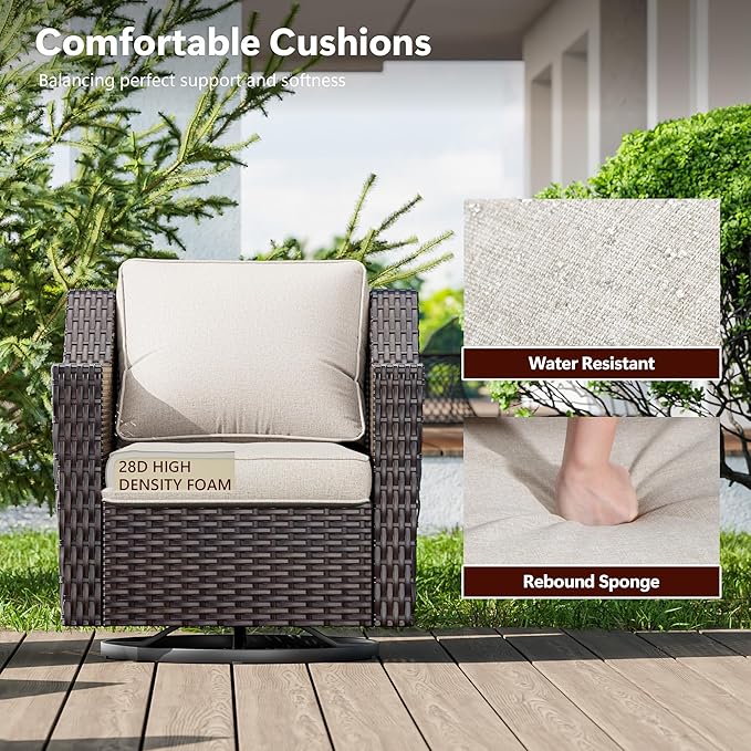 5 Pieces Wicker Patio Furniture, Luxury Outdoor Furniture with 2 Patio Swivel Chair, 2 Patio Ottoman and 1 Side Table, Wide Armrest, Thickened Cushions, Ideal for Deck, Porch Use