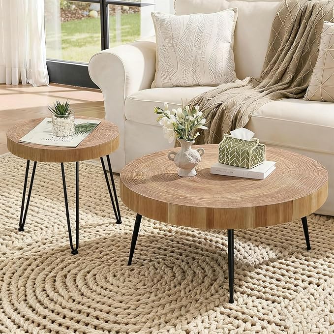 RUSTOWN Farmhouse Round Coffee Table Set of 2, Natural Wood Finish with Unique Ring Design, Modern Circle Side and End Table Sets for Living Room, Natural