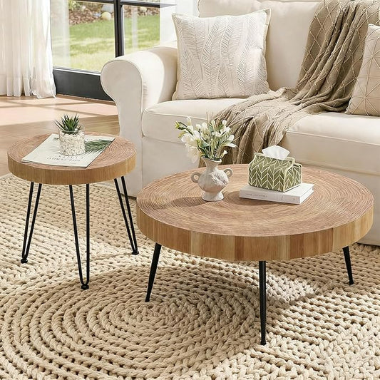 RUSTOWN Farmhouse Round Coffee Table Set of 2, Natural Wood Finish with Unique Ring Design, Modern Circle Side and End Table Sets for Living Room, Natural