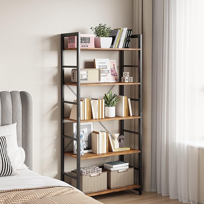 24" Bookshelf, 5-Tier Ladder Shelf, Industrial Bookcase, Wooden and Metal Storage Rack, Shelving Unit for Living Room Entryway Office, Rustic Brown Book Shelves