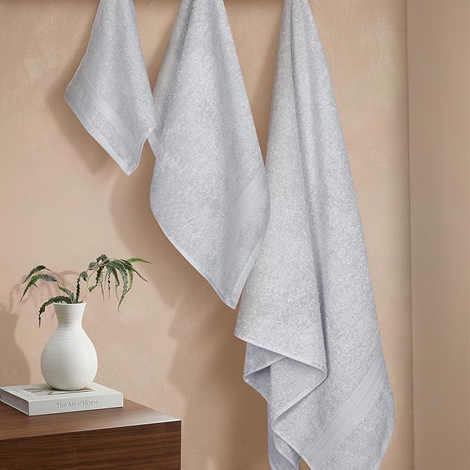 BOUTIQUO Ultra Soft 3 Pack Cotton Towel Set, Contains a Bath Towels 27x54 inch, a Hand Towels 16x24 inch & a Wash Coths 12x12 inch, Ideal Everyday use, Compact & Lightweight - Light Grey