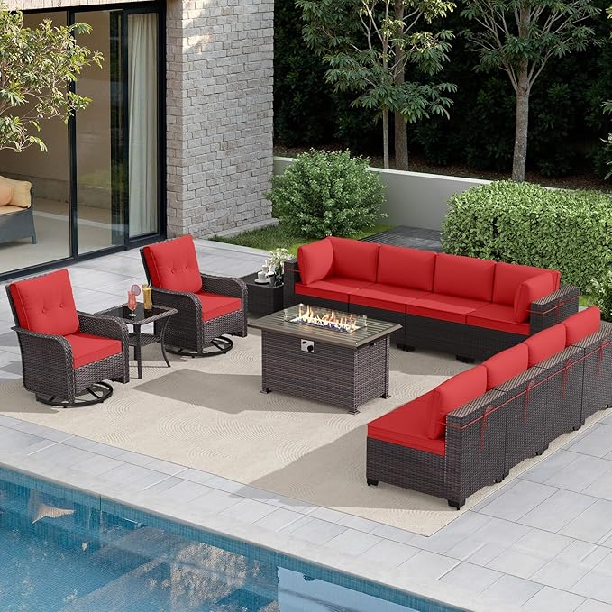 Gotland 13 Pieces Patio Furniture Set with Fire Pit Table Swivel Chairs, PE Rattan Outdoor Furniture Set with 29.5'' High Backrest 4’’ Thick Cushions Coffee Table, Patio Set for Porch, Deck, Red