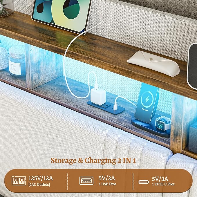 IKIFLY King Size Bed Frame with Hidden Storage Headboard & 4 Drawers, 49.2” Tall Upholstered Wingback Headboard with LED Lights and Charging Station, No Box Spring Needed, Solid Wood Slats, White
